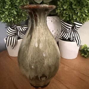 Decorative Ceramic Vase Drip Glaze Pottery Vintage Mid Century Cream Brown